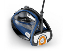 Charger l&#39;image dans la galerie, Un fer à repasser à vapeur bleu et noir avec un design unique. Le fer est sur une surface blanche.
