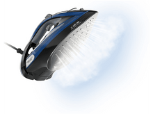 Charger l&#39;image dans la galerie, Fer à repasser noir et bleu avec émission de vapeur. Le fer est sur fond blanc, la vapeur est visible.
