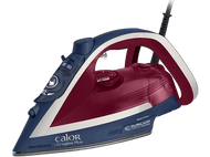 Un fer à repasser rouge, bleu et blanc avec une poignée noire. C'est un fer 'Calor' 'Ultragliss Plus'.