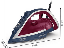 Charger l&#39;image dans la galerie, Fer à repasser rouge et bleu avec dimensions. Il mesure 31 cm de long et 16 cm de haut.
