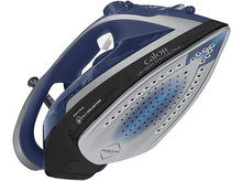 Charger l&#39;image dans la galerie, Un fer à repasser bleu et argenté avec une semelle blanche.
