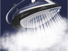 Charger l&#39;image dans la galerie, Un fer à repasser libérant de la vapeur avec le logo Calor, des accents bleus et un fond bleu foncé.
