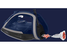 Charger l&#39;image dans la galerie, Fer à repasser bleu avec des accents blancs, réservoir d&#39;eau blanc détaché. Fond bleu foncé.
