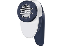 Charger l&#39;image dans la galerie, Un outil anti-bouloches blanc et bleu, avec une tête en maille et une poignée.
