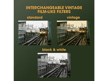 Charger l&#39;image dans la galerie, L&#39;image montre trois photos d&#39;un train sur des rails. Les deux du haut sont en couleur, celle du bas en noir et blanc. Le texte dit : &#39;Filtres vintage interchangeables&#39;.
