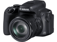 Appareil photo Canon noir avec objectif zoom, boutons et logo Canon en haut.