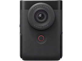 Un appareil photo Canon noir avec un bouton rouge et un bouchon d