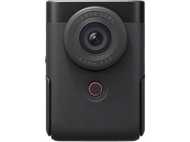 Un appareil photo Canon noir avec un bouton rouge et un bouchon d'objectif.