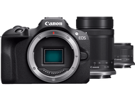 Appareil photo Canon EOS avec objectif, noir, sur fond blanc.