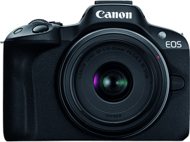 Un appareil photo Canon noir avec objectif. Canon et EOS sont visibles sur le corps.