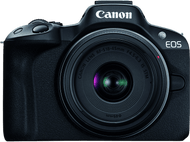 Un appareil photo Canon noir avec objectif. Canon et EOS sont visibles sur le corps.