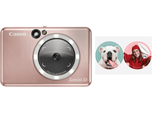 Charger l&#39;image dans la galerie, Appareil photo Canon Zoemini S2 rose. Deux images circulaires d&#39;un chien et d&#39;une personne.
