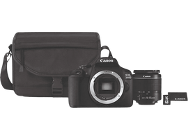 Appareil photo Canon EOS 2000D avec objectif, carte SD et étui.