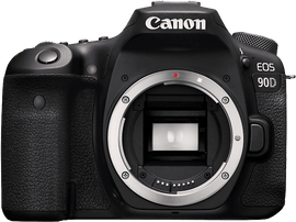 Appareil photo Canon EOS 90D noir, vue de face, avec monture d