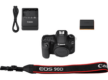 Charger l&#39;image dans la galerie, Appareil photo et accessoires. Comprend un chargeur, une batterie, une sangle et l&#39;appareil photo Canon EOS 90D.

