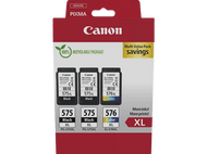 Cartouches d'encre Canon, noir et couleur. L'emballage indique 100% recyclable. Contient de l'encre noire et couleur.