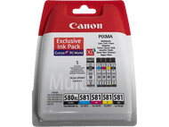 Pack de cartouches d'encre Canon. Plusieurs cartouches d'encre sont visibles. L'emballage est blanc et rouge.
