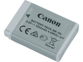 Batterie Canon. Rectangle gris avec texte blanc et noir. Logo Canon. Symboles CE et recyclage.