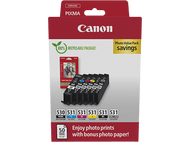 Cartouches d'encre Canon dans une boîte, avec papier photo et détails du produit.