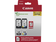 Cartouches d'encre Canon dans un emballage rouge et noir, avec papier photo. Inclut cartouches 545 noir et 546 couleur.