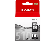 Paquet de cartouche d'encre noire Canon 510 sur fond blanc avec des gouttes d'eau.