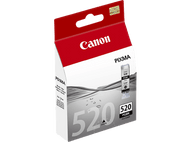 Boîte de cartouche d'encre Canon PIXMA 520. Cartouche d'encre noire visible, boîte rouge et blanche.