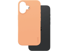 Charger l&#39;image dans la galerie, Une coque de téléphone pêche avec une découpe pour la caméra, à côté d&#39;un téléphone noir.
