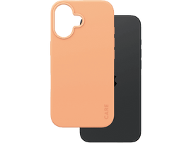 Une coque de téléphone pêche avec une découpe pour la caméra, à côté d