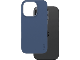 Deux coques de téléphone : bleue et noire. La bleue porte le mot "CARE". La noire a le logo Apple.