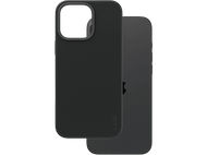 Un étui de téléphone noir à côté d'un téléphone noir. L'étui a une découpe pour l'appareil photo.