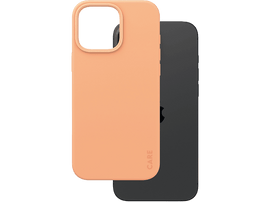 Coque de téléphone pêche, avec un téléphone noir, montrant l