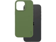 Coque de téléphone verte avec le mot 'CARE' et un téléphone noir sur fond noir.