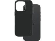 Coque de téléphone noire sur fond noir. La coque recouvre l'arrière d'un téléphone.