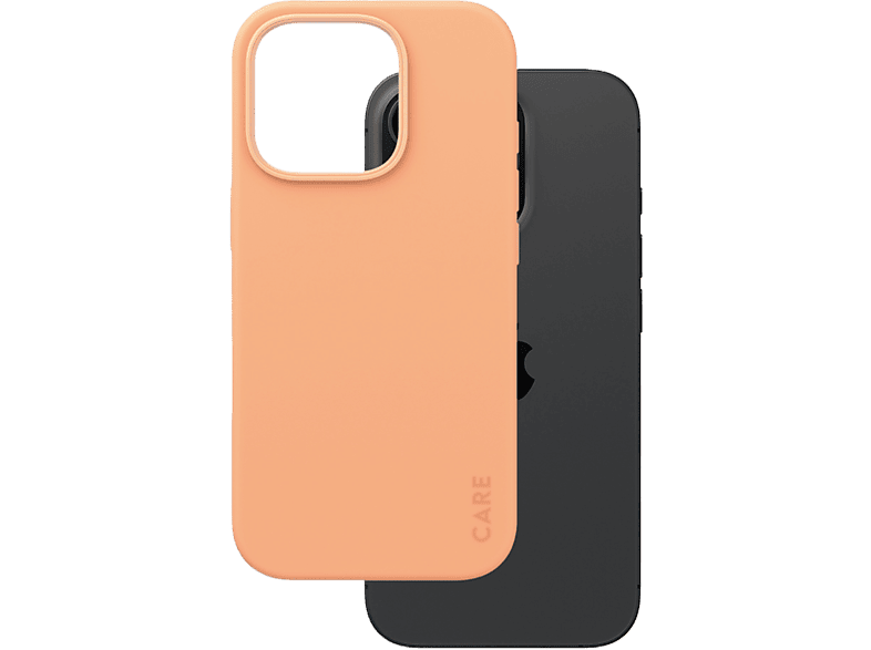 Une coque de téléphone couleur pêche sur un téléphone noir. La coque porte le mot 'CARE' imprimé.