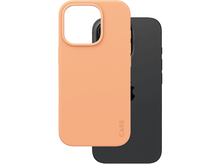 Une coque de téléphone couleur pêche sur un téléphone noir. La coque porte le mot 'CARE' imprimé.