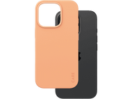 Une coque de téléphone couleur pêche sur un téléphone noir. La coque porte le mot 'CARE' imprimé.