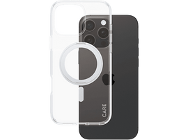 iPhone avec étui de protection transparent, vue arrière et étui séparé.