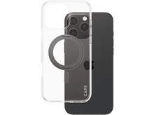 Charger l&#39;image dans la galerie, Une coque de téléphone transparente avec un anneau MagSafe sur un iPhone noir. Le téléphone est dans la coque.

