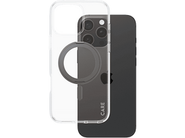 Une coque de téléphone transparente avec un anneau MagSafe sur un iPhone noir. Le téléphone est dans la coque.