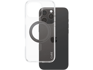 Une coque de téléphone transparente avec un anneau MagSafe sur un iPhone noir. Le téléphone est dans la coque.