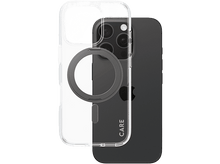 Charger l&#39;image dans la galerie, iPhone avec coque transparente et dos noir, sur fond noir.
