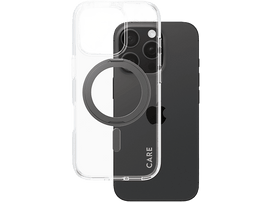 iPhone avec coque transparente et dos noir, sur fond noir.