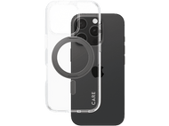 iPhone avec coque transparente et dos noir, sur fond noir.