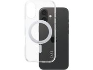 Téléphone avec coque transparente. Téléphone noir à l'intérieur, anneau blanc. CARE est imprimé sur le téléphone.