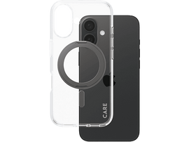 Coque de téléphone transparente sur un téléphone noir. Un anneau est attaché à la coque.