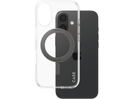 Coque de téléphone transparente sur un téléphone noir. Un anneau est attaché à la coque.