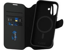 Charger l&#39;image dans la galerie, Coque de téléphone noire avec design portefeuille. Comprend des fentes pour cartes et un support.
