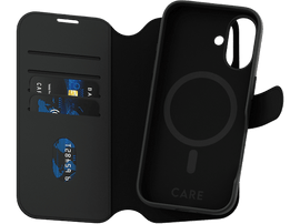 Coque de téléphone noire avec design portefeuille. Comprend des fentes pour cartes et un support.