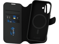 Coque de téléphone noire avec design portefeuille. Comprend des fentes pour cartes et un support.