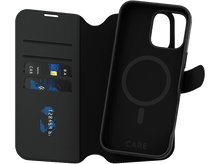 Charger l&#39;image dans la galerie, Étui de téléphone noir de style portefeuille avec un téléphone à l&#39;intérieur. Des cartes et un billet sont visibles.
